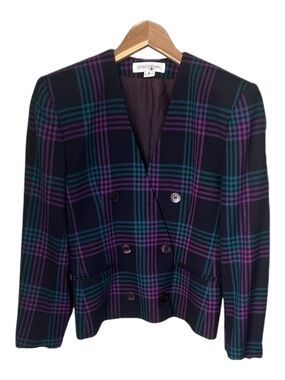 Vintage Jones New York Wool Plaid Blazer Double Breasted Sz 6 80s Dark Academia